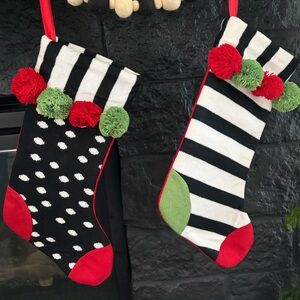 Black and White Stripe and Polka Dot set of 2 Christmas Stockings with Pom Poms